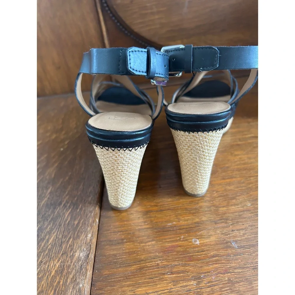 Franco Sarto Black Leather Strappy Raffia Wedge Sandals Ankle Strap Buckle